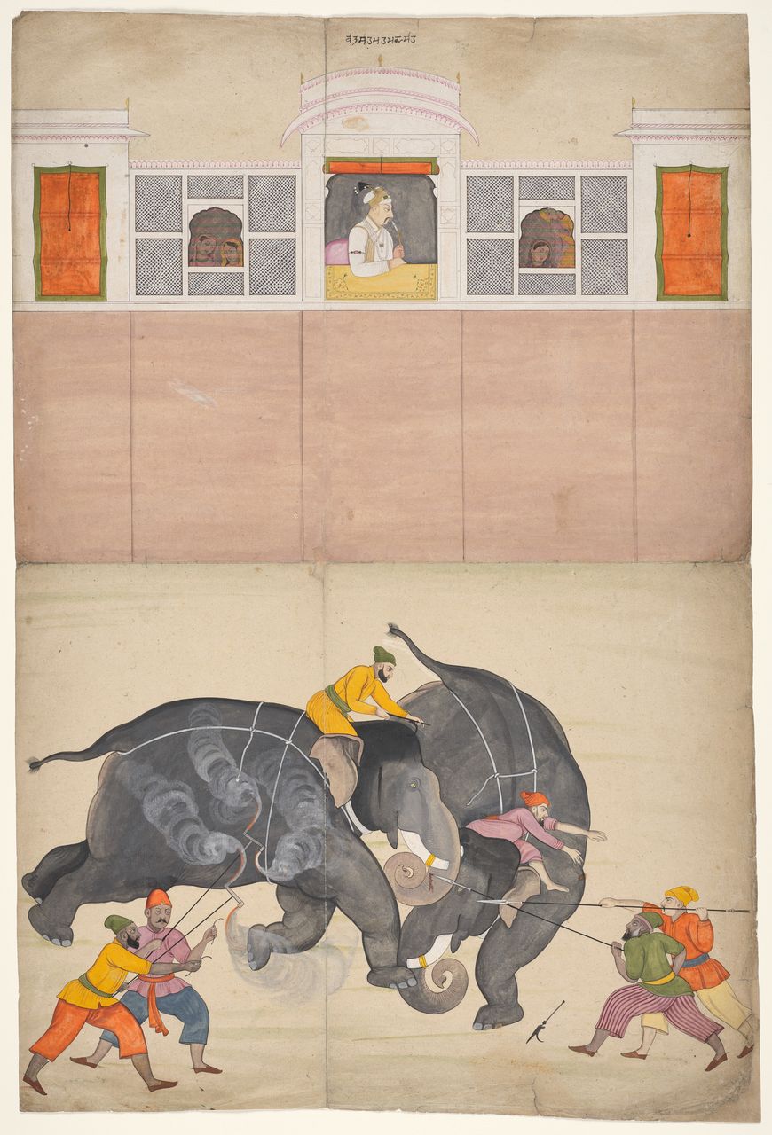 Two Elephants Fighting in a Courtyard Before Muhammad Shah