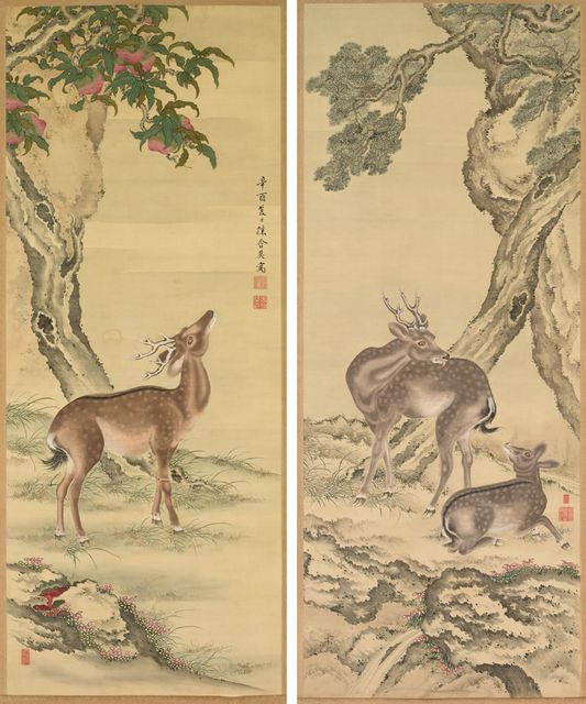 Symbols of Longevity: Deer under Peach and Pine