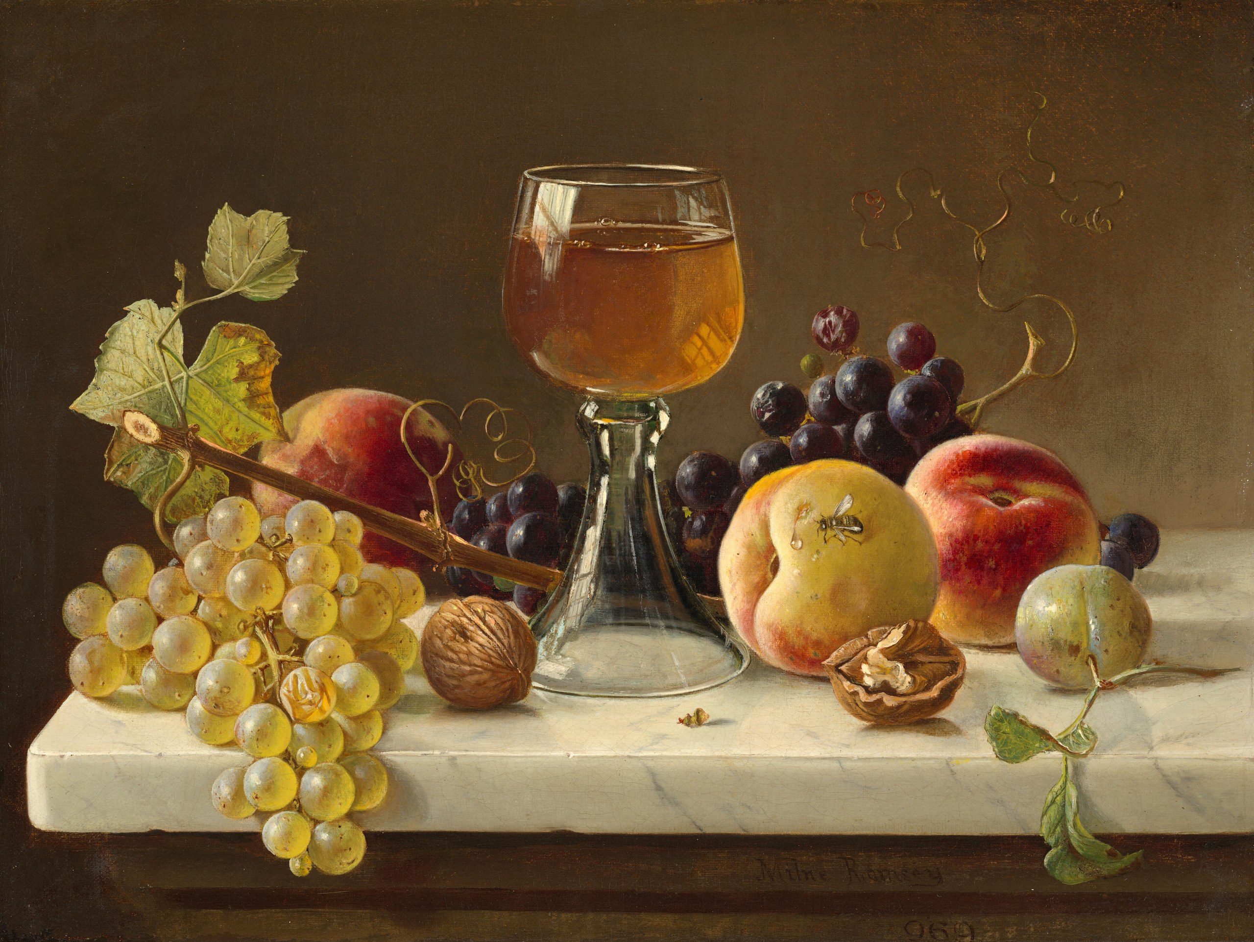 Marble Tabletop with Fruit and Wineglass