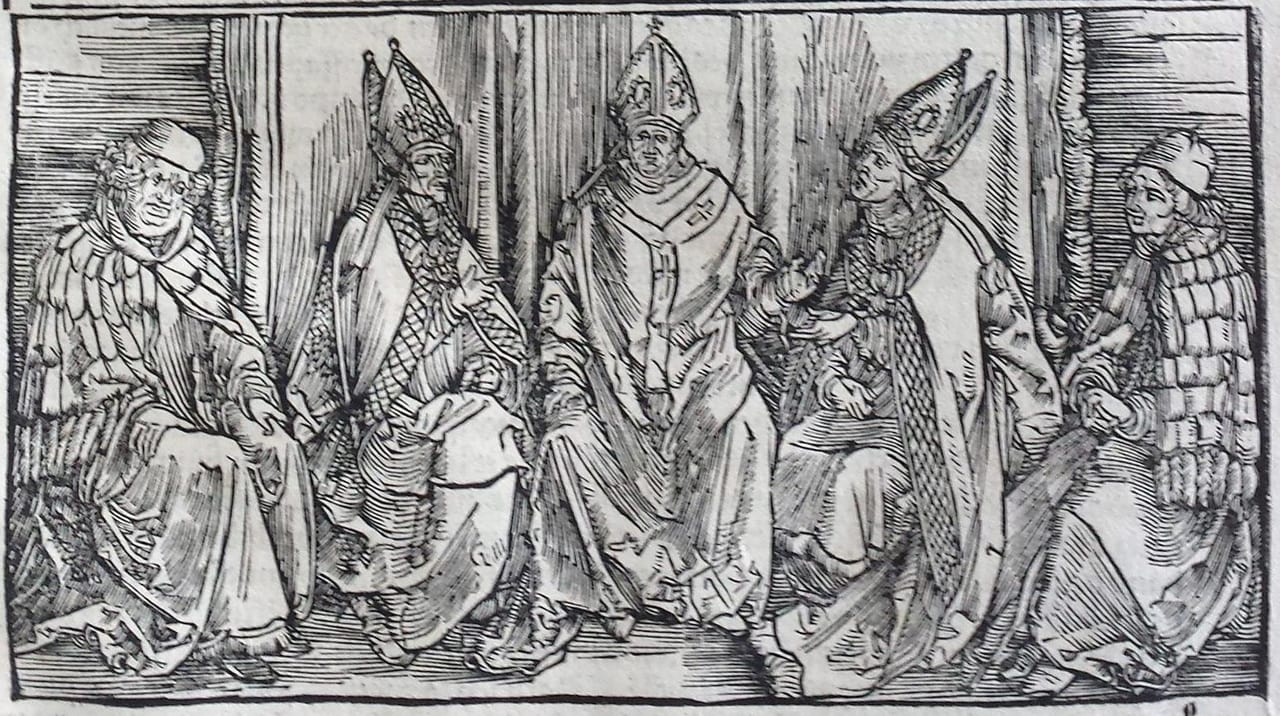Three bishops and two monks (from leaf 9)