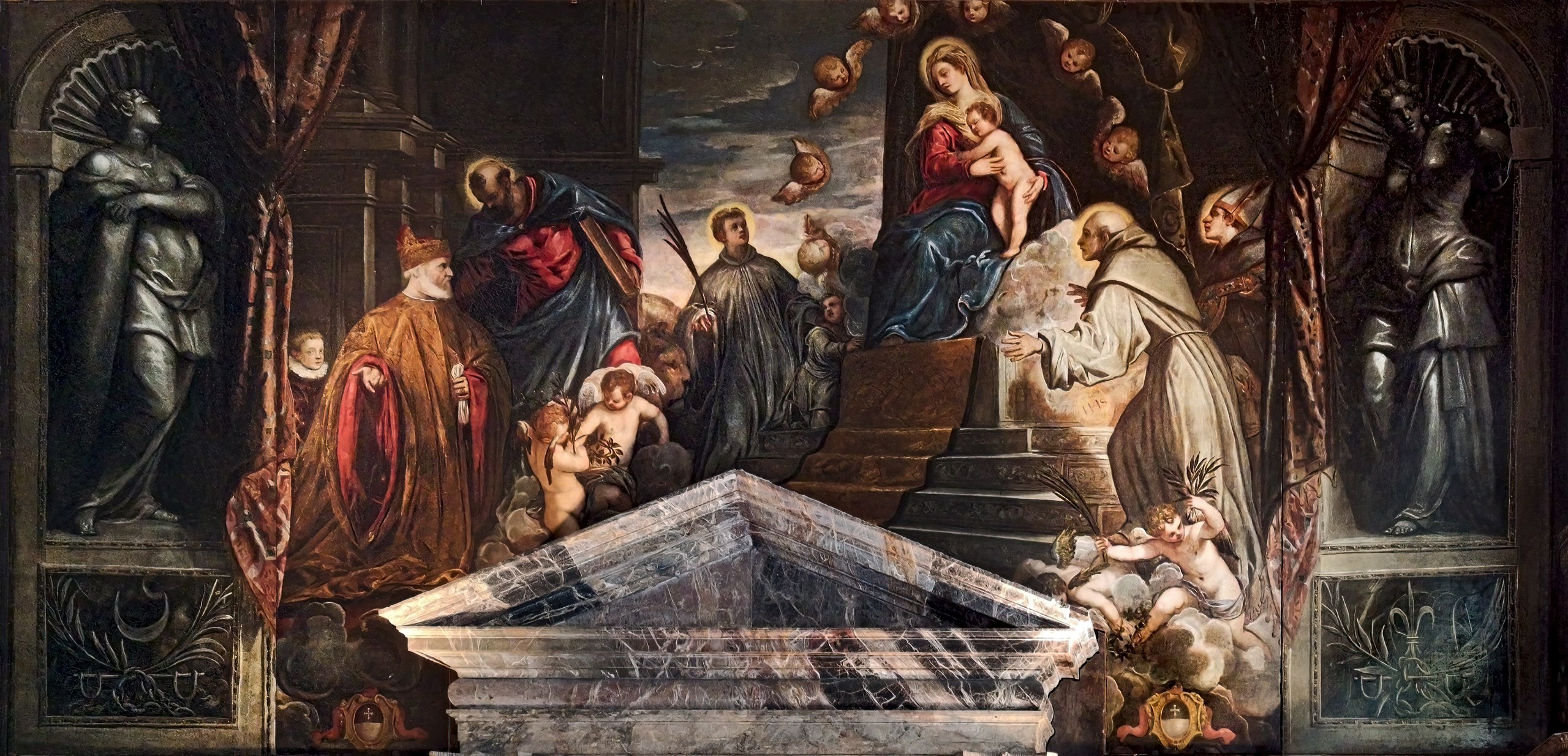 Andrea Gritti, assisted by St. Mark, before Mary and Sts. Bernardino, Luigi and Marina
