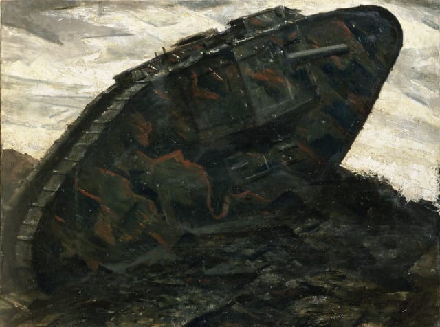 Camouflaged tank crossing muddy terrain