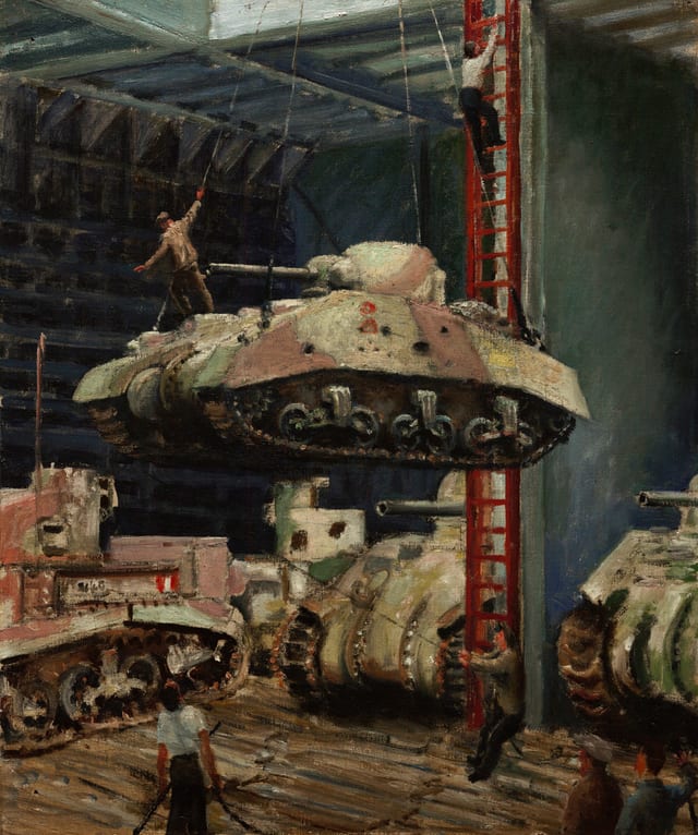 Damaged Tanks being Lowered into the Hold of a Merchant Ship