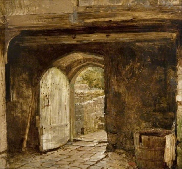 Sketch of a Doorway with a Water Barrel