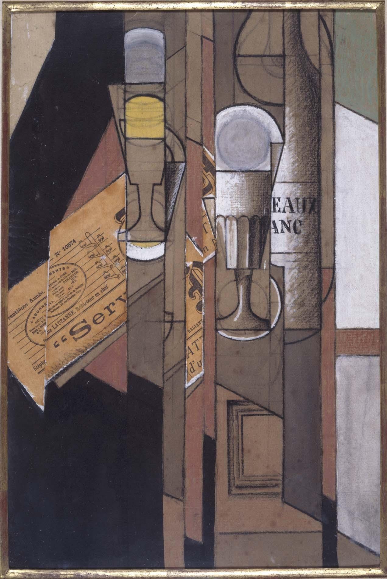 Cups, Newspaper and Bottle of Wine