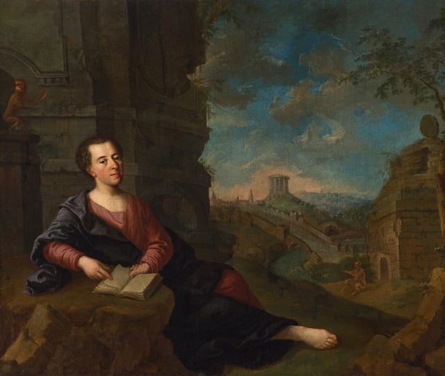 Portrait of Johann Joachim Winckelmann against classical landscape.