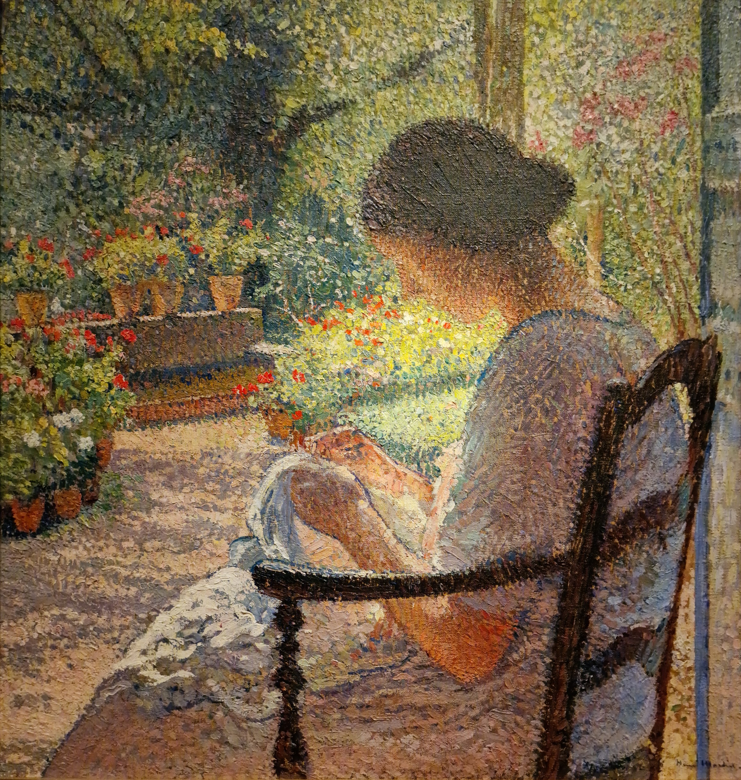 Lisette Sewing at the Front Door of Marquayrol