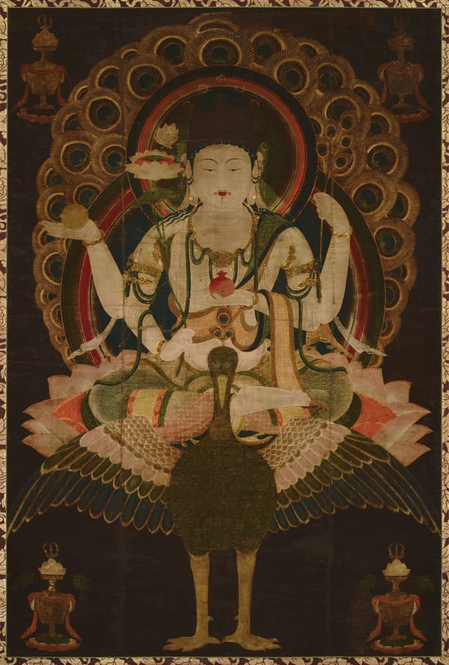 Statue of Mahamayuri on Colored Silk