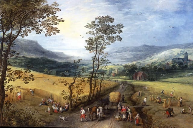 Summer landscape with harvesters
