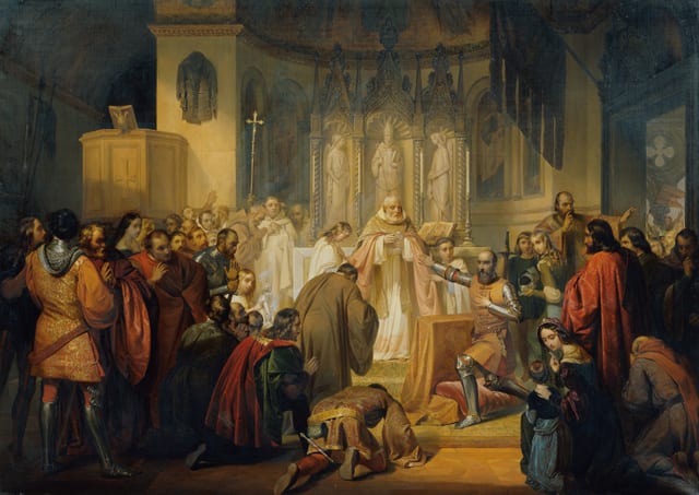Vittore Pisani receives Holy Communion before taking command of an expedition against the Genoese